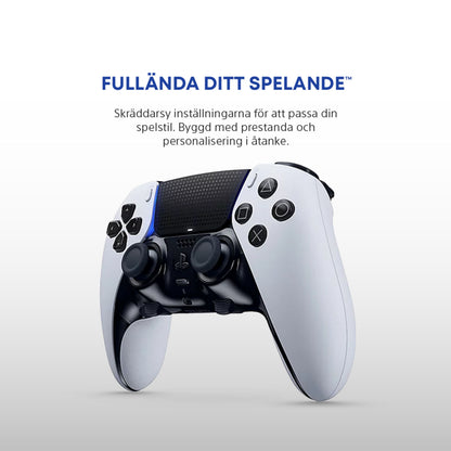 Playstation DualSense Edge håndkontrol med svensk tekst på skærmen om tilpasning og optimering.