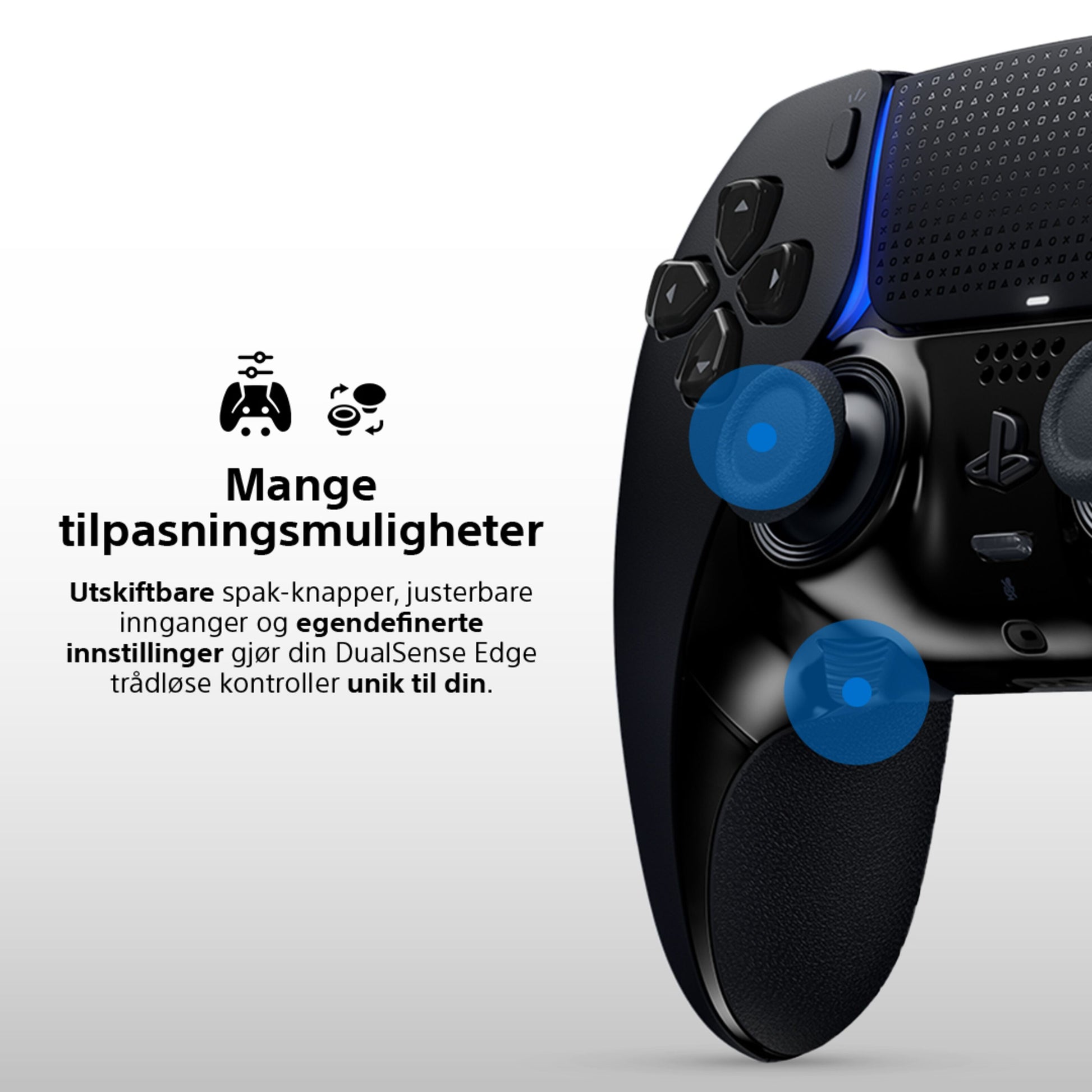 Sony DualSense Edge controller sort med blå detaljer, justerbare tommelfingerpinde, udskiftelige knapper, personalisering.