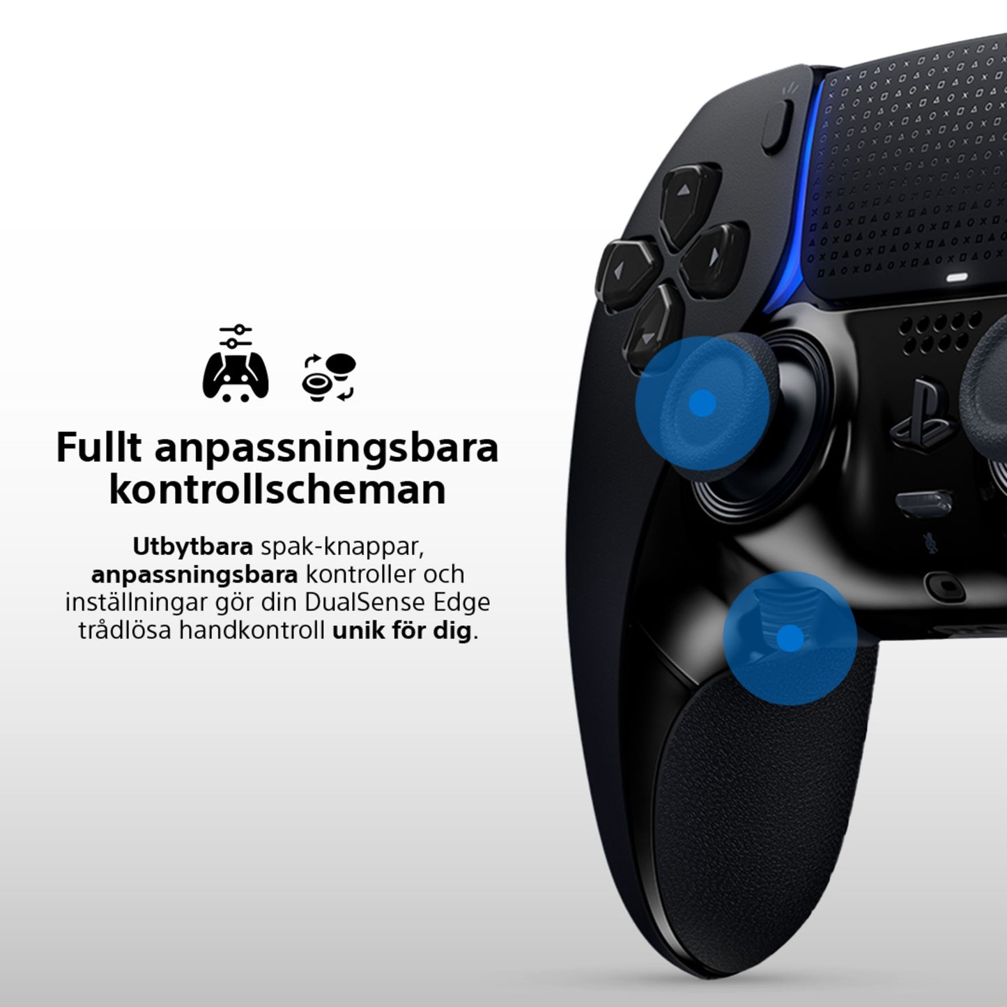 Sony PlayStation DualSense Edge controller sort med blå detaljer, knapper kan tilpasses, svensk tekst om controllerfunktioner.