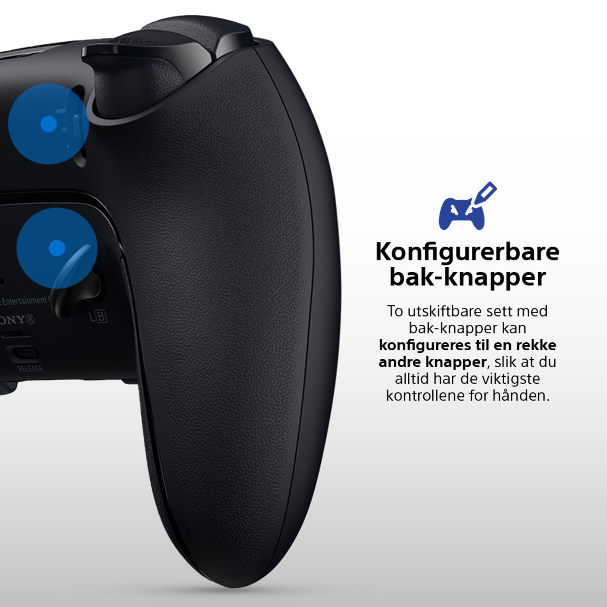 Sony DualSense Edge controller sort med blå detaljer på konfigurerbare bagknapper til PlayStation 5.