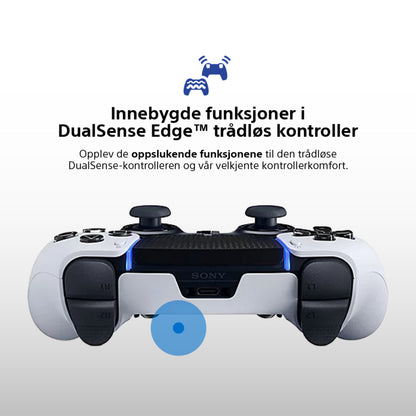 PlayStation DualSense Edge controller hvid/sort med norsk tekst om indbyggede funktioner og komfort til PS5.