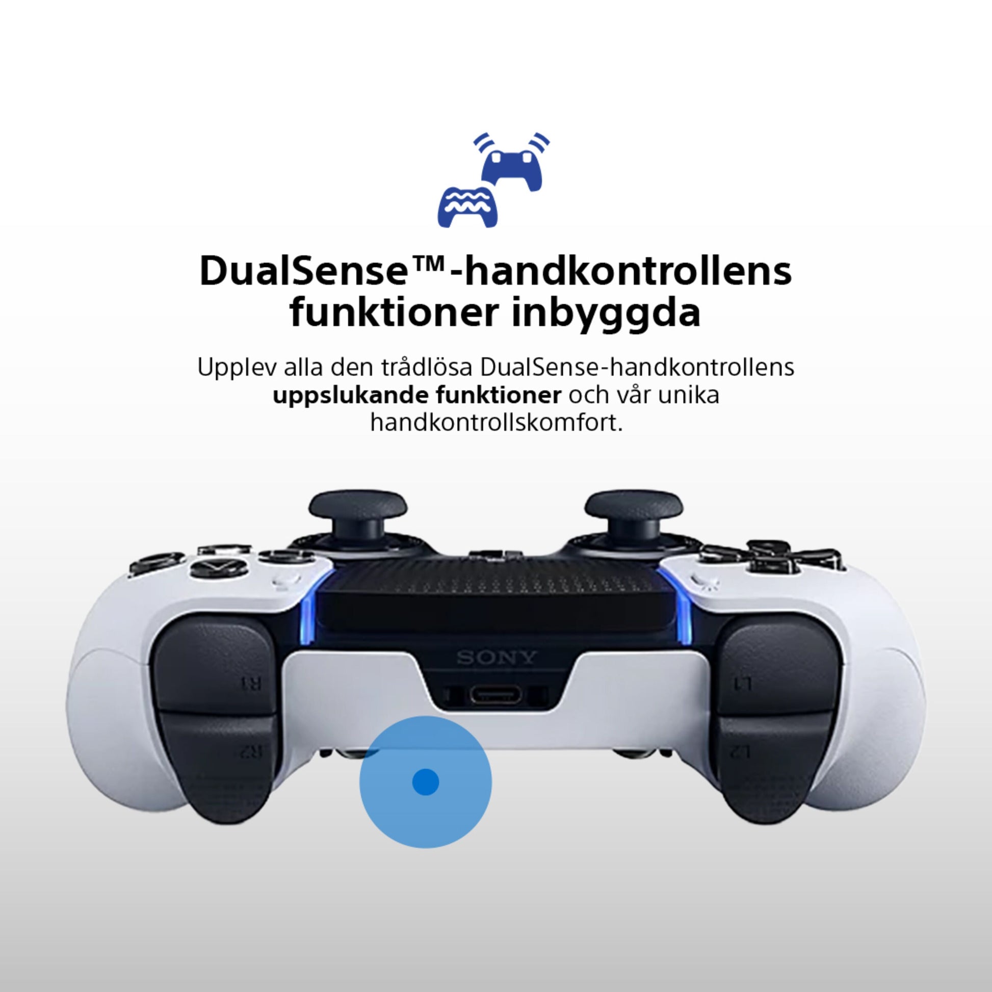 Sony Playstation DualSense Edge controller hvid/sort, svensk tekst over controller, blå markering på venstre greb.