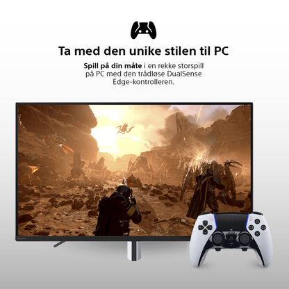Sony DualSense Edge controller til PlayStation 5 sort vises foran skærm med sci-fi spil og trådløs PC-forbindelse.