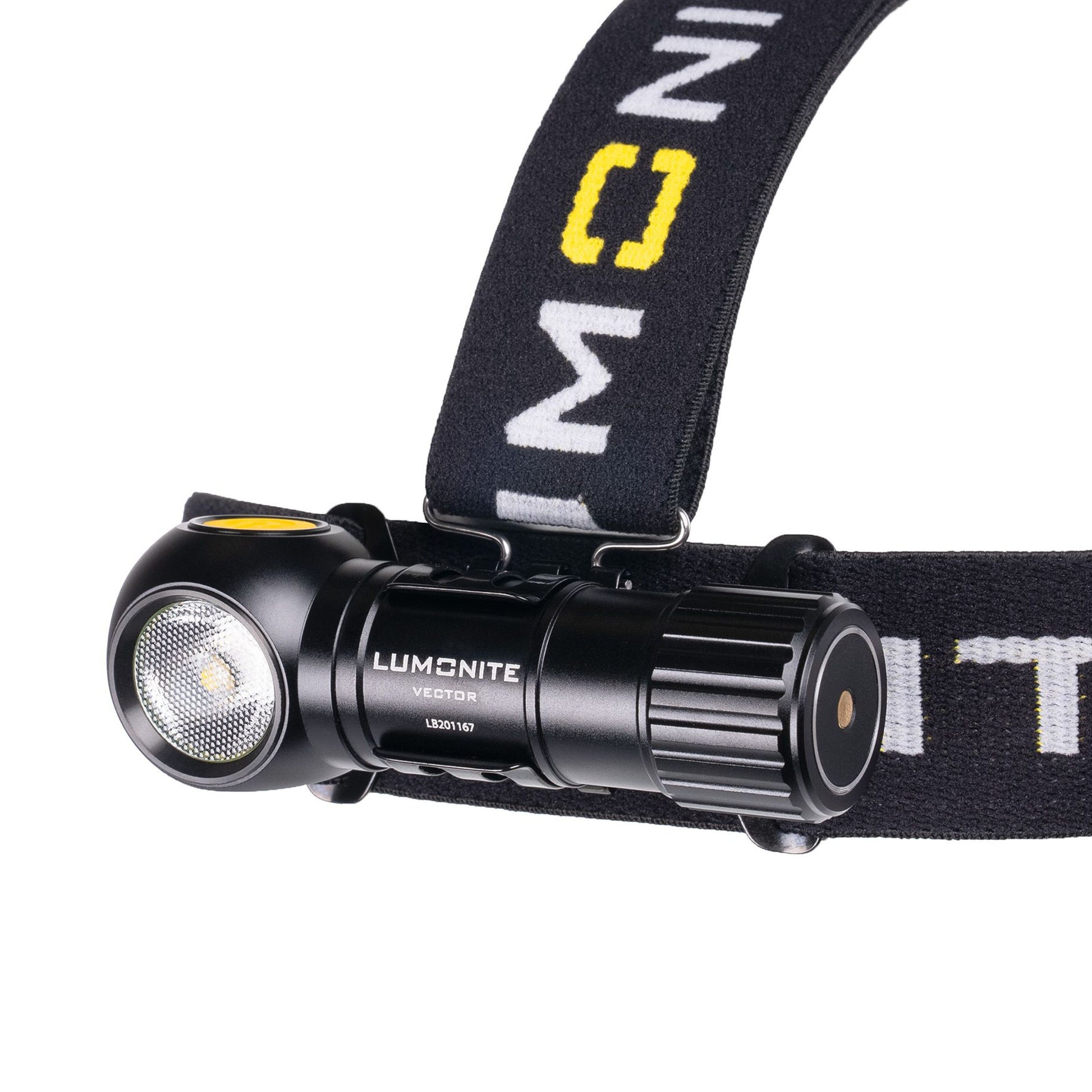 Lumonite Vector V2 pandelampe 500 lm sort LED på sort elastisk bånd med hvid tekst IPX8 vandtæt.