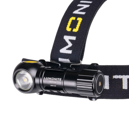Lumonite Vector V2 pandelampe 500 lm sort LED på sort elastisk bånd med hvid tekst IPX8 vandtæt.