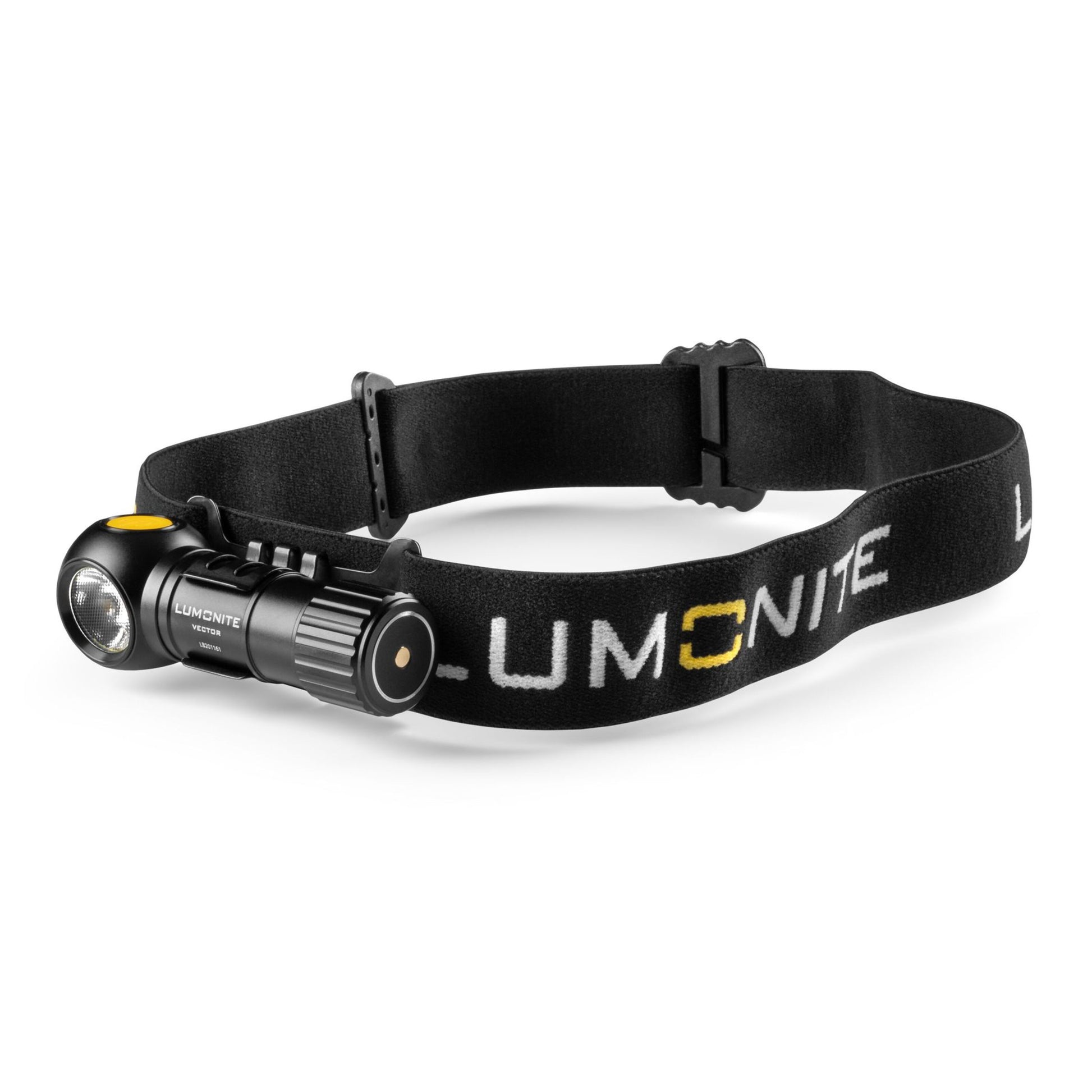 Lumonite Vector V2 pandelampe 500 lm sort cylinder, justerbar elastikrem med LUMONITE-logo, gul detalje, IPX8 vandtæt.
