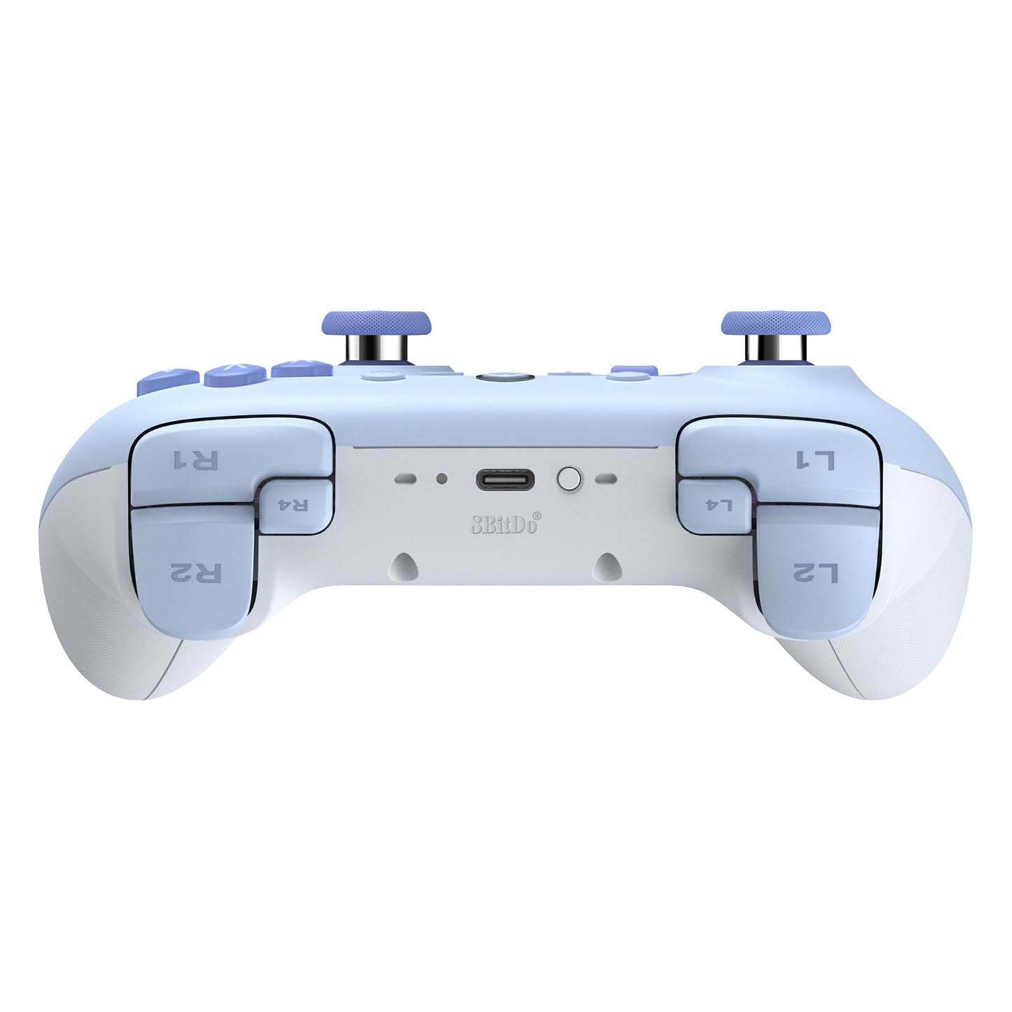 8Bitdo Ultimate 2C trådløs controller til Nintendo Switch, blå/hvid, Bluetooth, L1/L2/R1/R2 skuldre, USB-C port midtfor.