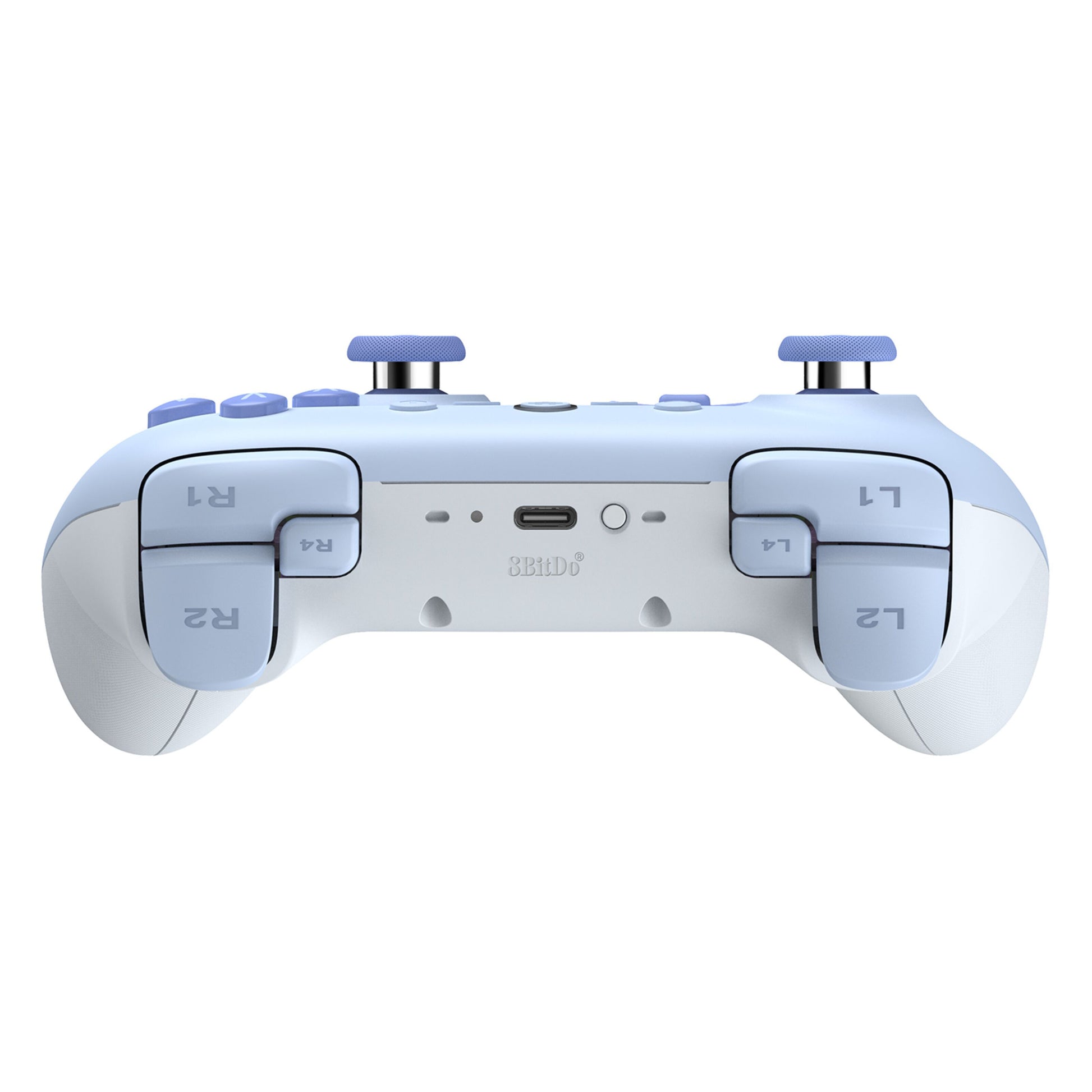 8Bitdo Ultimate 2C trådløs controller til Nintendo Switch, blå/hvid, Bluetooth, L1/L2/R1/R2 skuldre, USB-C port midtfor.