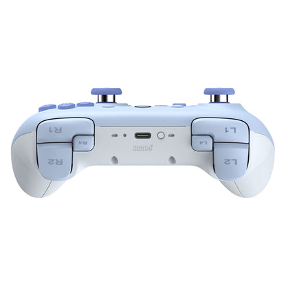 8Bitdo Ultimate 2C trådløs controller til Nintendo Switch, blå/hvid, Bluetooth, L1/L2/R1/R2 skuldre, USB-C port midtfor.