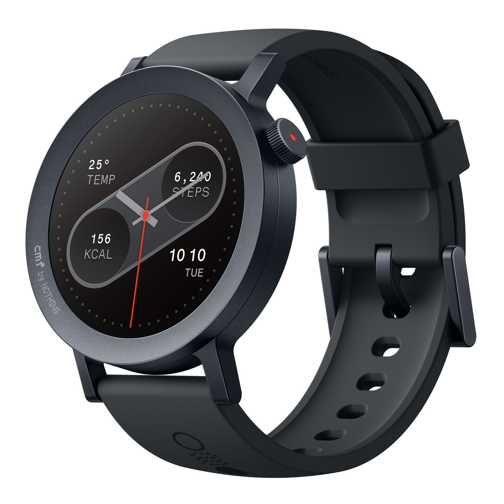Nothing CMF Watch Pro 2 mørkegrå smart-ur med rund skærm, viser tid, temperatur, forbrændte kalorier og skridt.