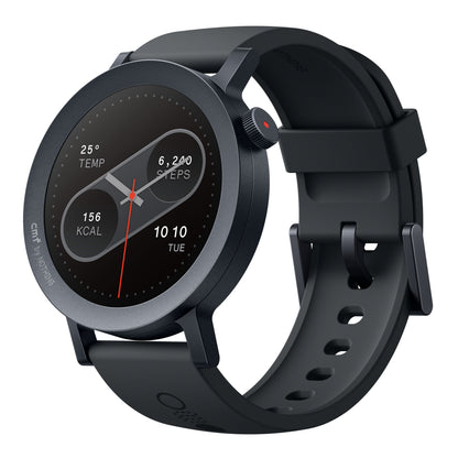 Nothing CMF Watch Pro 2 mørkegrå smart-ur med rund skærm, viser tid, temperatur, forbrændte kalorier og skridt.