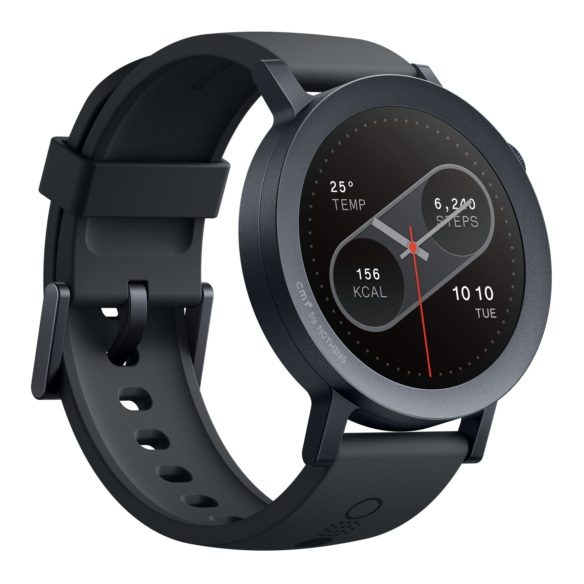 Nothing Cmf Watch Pro 2 mørkegrå, rundt touchscreen, viser temperatur, skridt, kalorier, tid og dato, silikonebånd.
