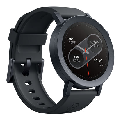 Nothing Cmf Watch Pro 2 mørkegrå, rundt touchscreen, viser temperatur, skridt, kalorier, tid og dato, silikonebånd.
