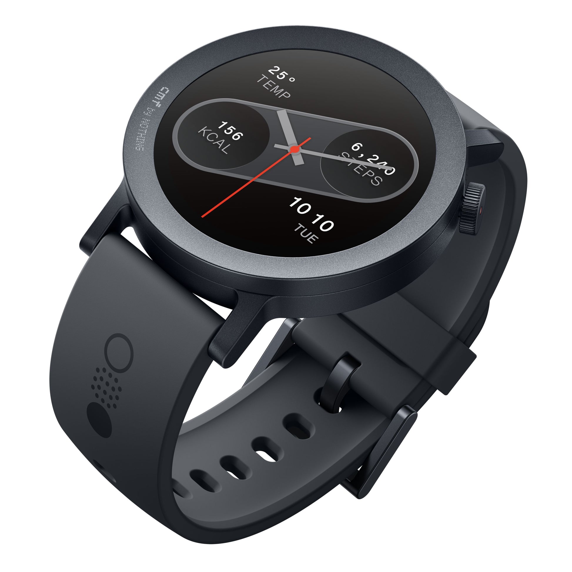 Nothing Cmf Watch Pro 2 smartur mørkegrå med rundt display, silikonerem med huller og sideknap, viser tid, skridt, temp, kalorier.