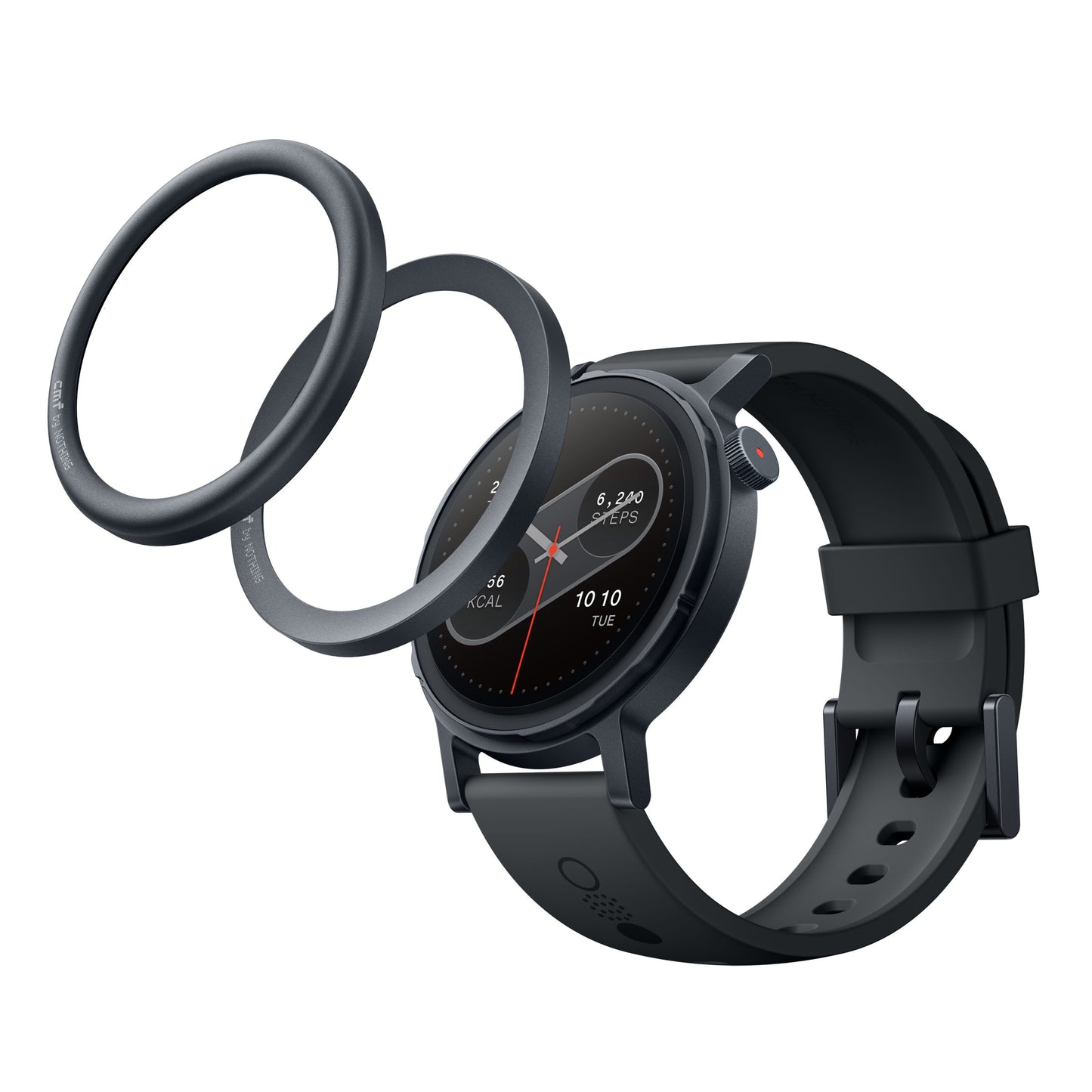 Nothing Cmf Watch Pro 2 mørkegrå smartwatch med rundt display med sundhedsdata og til udskiftelige runde bezel-dele over skærmen.
