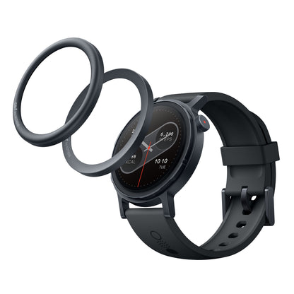 Nothing Cmf Watch Pro 2 mørkegrå smartwatch med rundt display med sundhedsdata og til udskiftelige runde bezel-dele over skærmen.