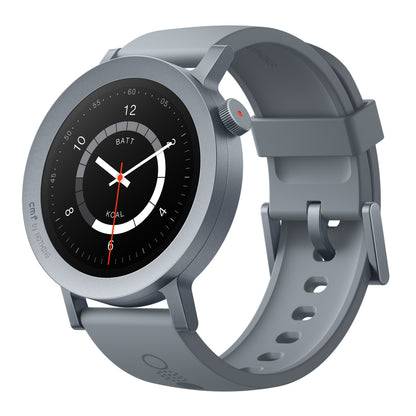 Nothing CMF Watch Pro 2 askegrå, rund sort urskive, batteri- og kaloriesporing, sundhedsovervågning, perforeret silikonerem.