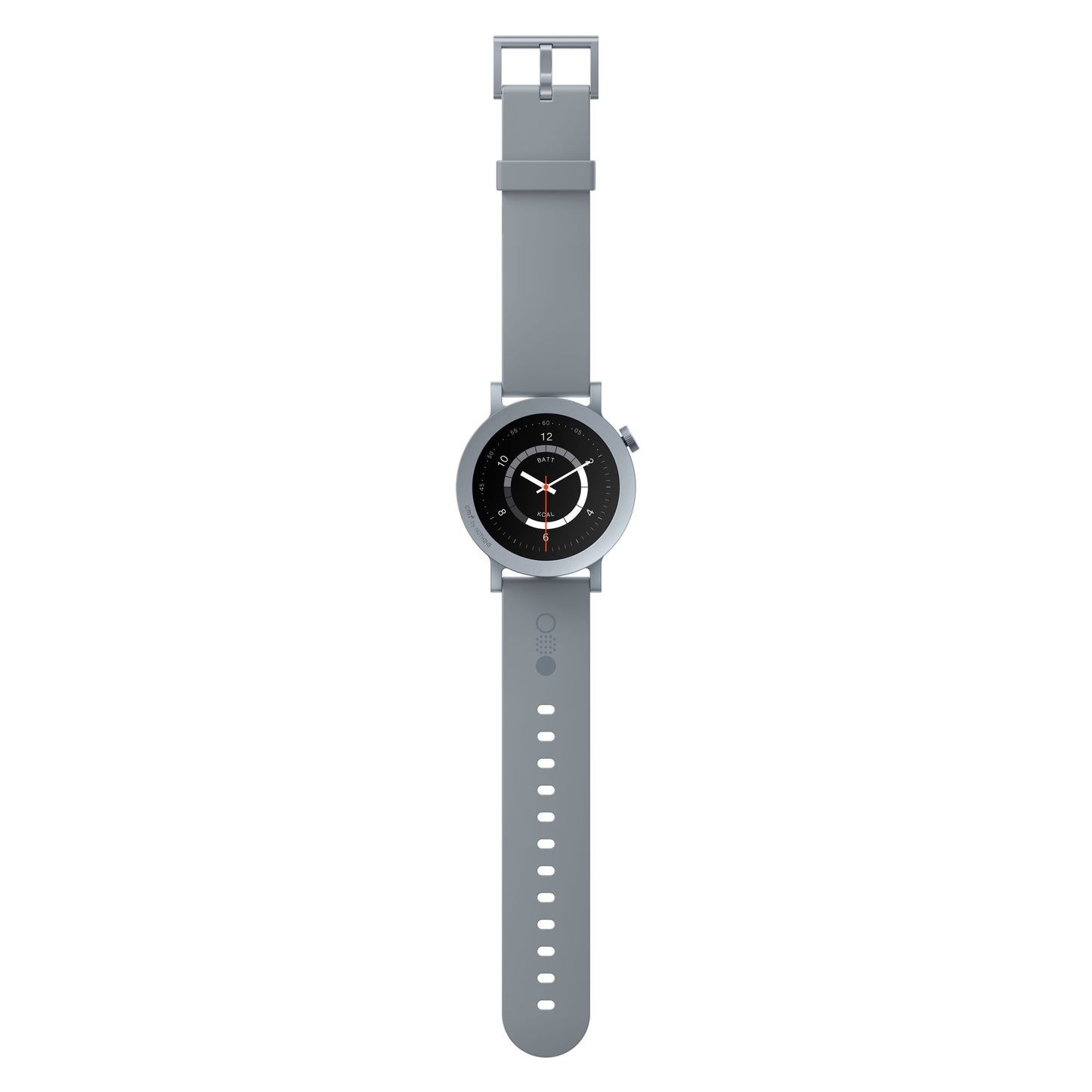 Nothing CMF Watch Pro 2 smartwatch askegrå, rund urskive, lysegråt rem, hvide markinger, sorte/røde visere.