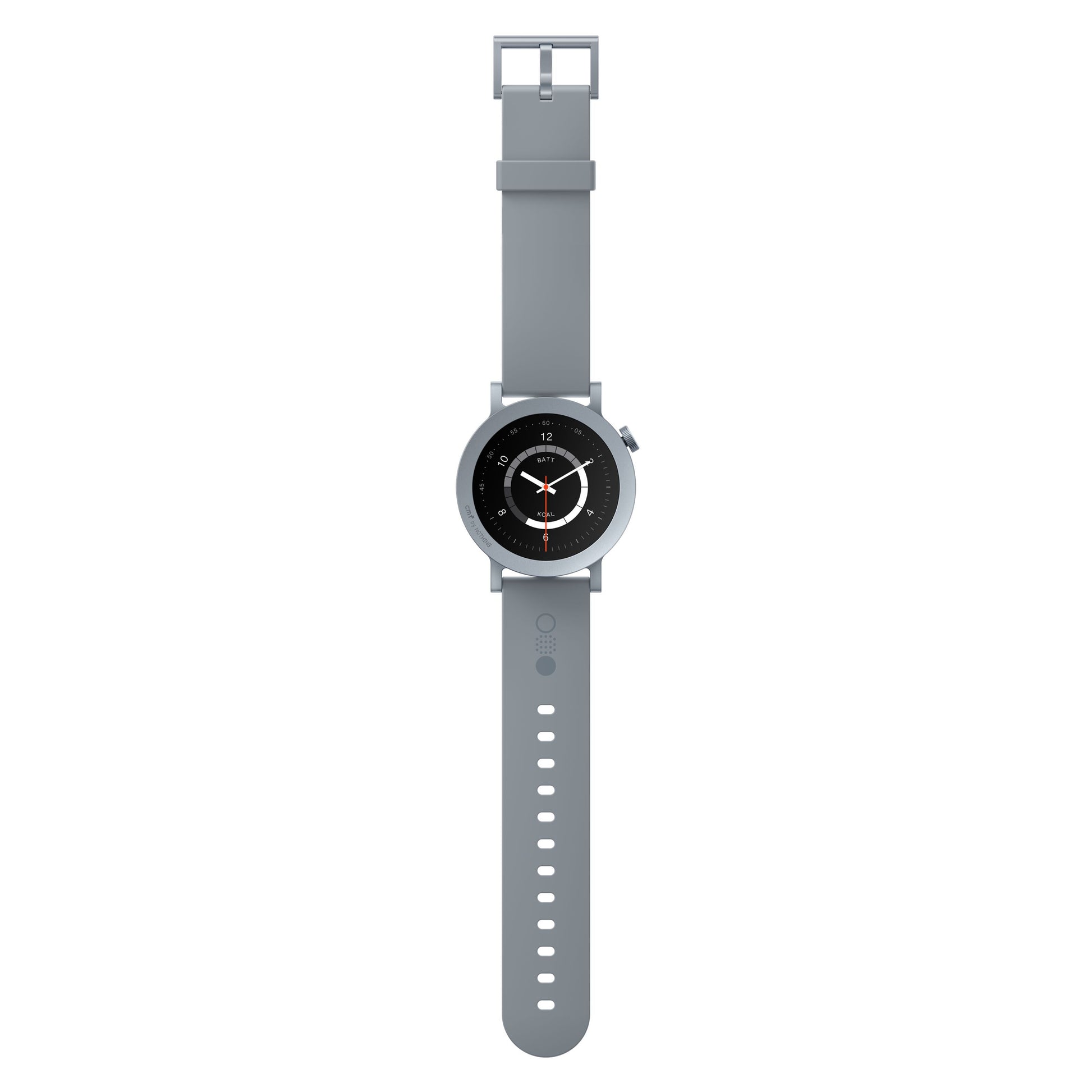 Nothing CMF Watch Pro 2 smartwatch askegrå, rund urskive, lysegråt rem, hvide markinger, sorte/røde visere.