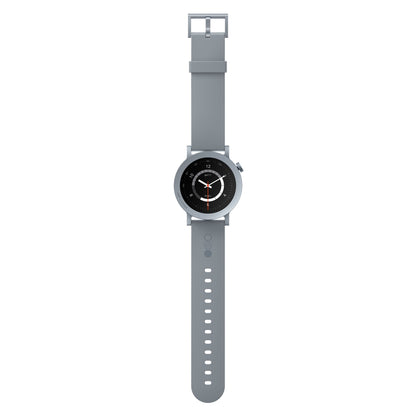 Nothing CMF Watch Pro 2 smartwatch askegrå, rund urskive, lysegråt rem, hvide markinger, sorte/røde visere.