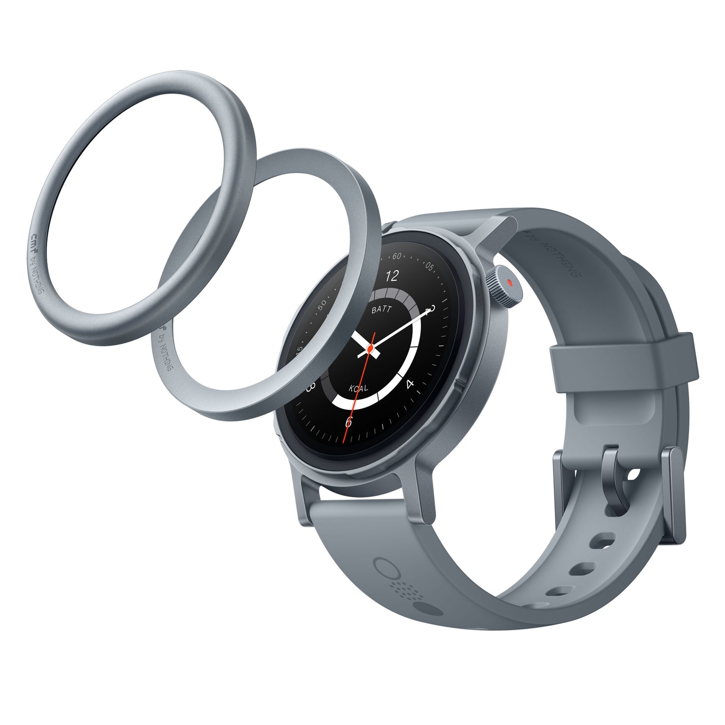 Nothing Cmf Watch Pro 2 Askegrå med rundt display, silikonerem og to aftagelige rammer synlige over uret.