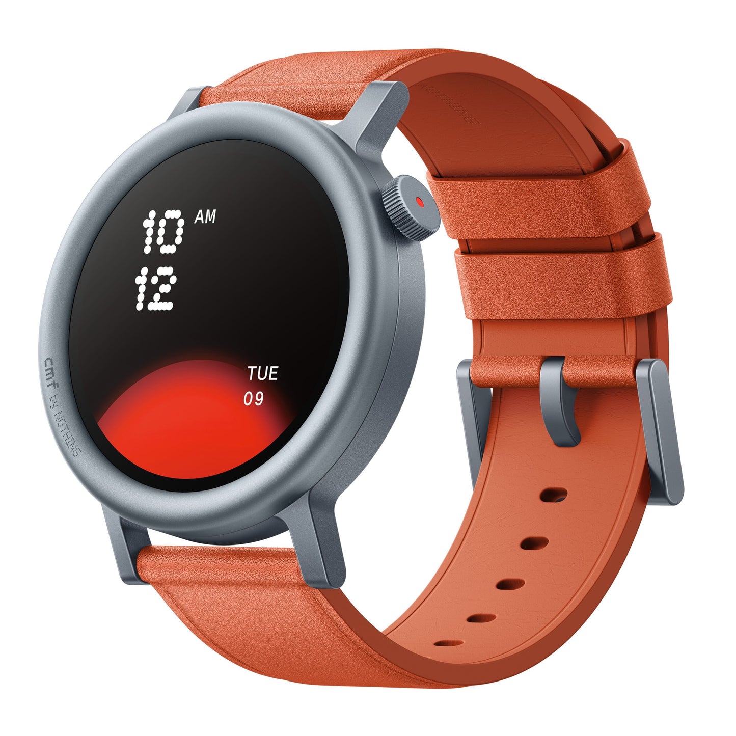 Nothing Cmf Watch Pro 2 Orange med sølvfarvet rund urkasse, orange rem, AMOLED display viser klokken 10:12 og rød grafik.