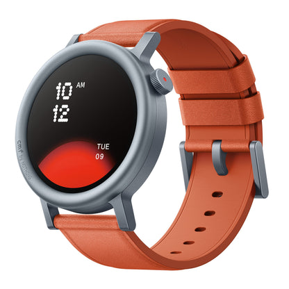 Nothing Cmf Watch Pro 2 Orange med sølvfarvet rund urkasse, orange rem, AMOLED display viser klokken 10:12 og rød grafik.