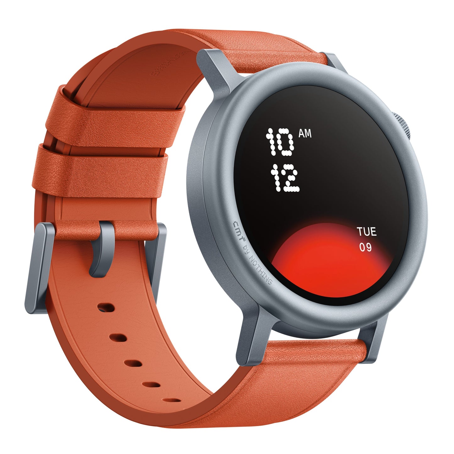 Nothing Cmf Watch Pro 2 smartwatch, grå urkasse, orange rem, AMOLED-skærm viser klokken 10:12 og TUE 09.