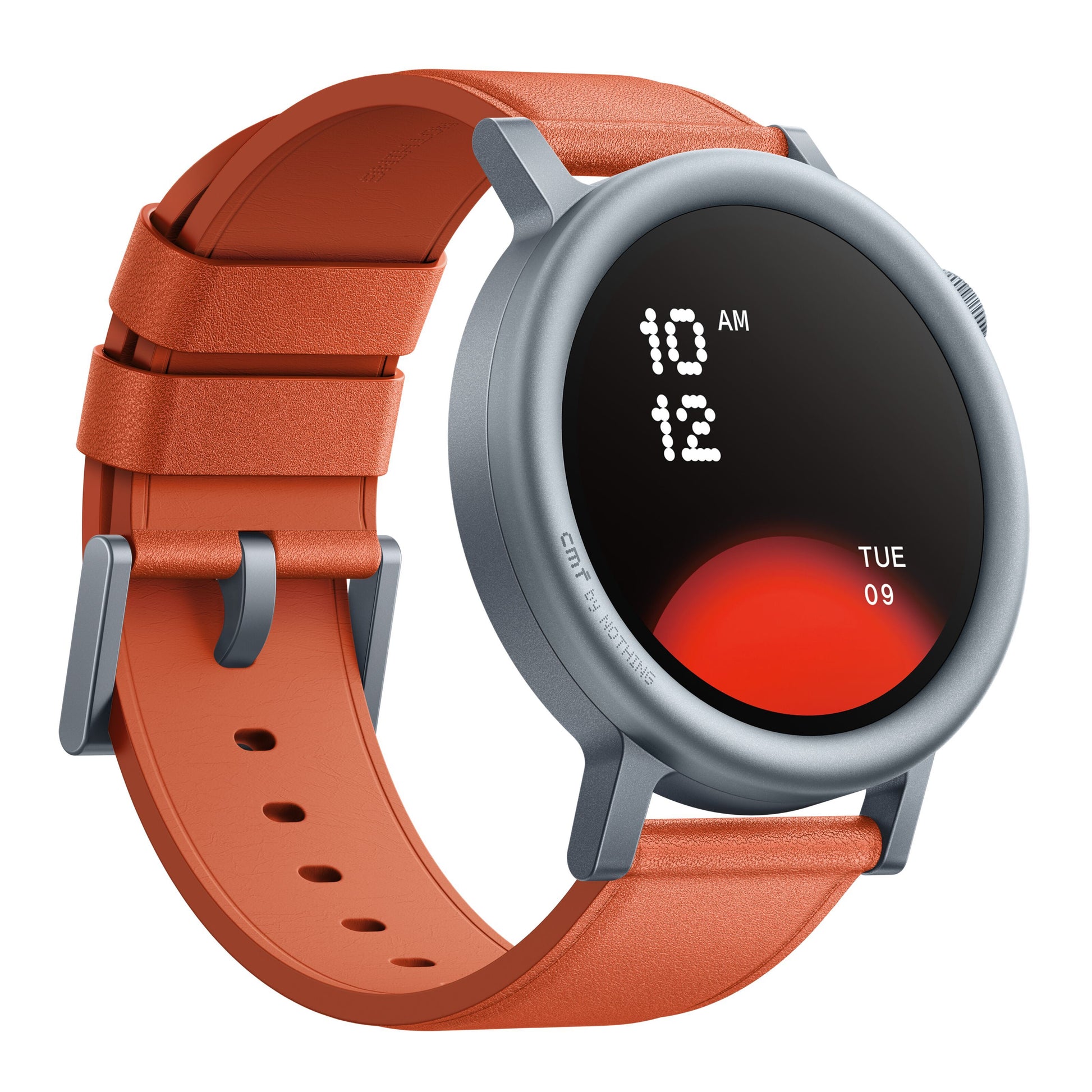 Nothing Cmf Watch Pro 2 smartwatch, grå urkasse, orange rem, AMOLED-skærm viser klokken 10:12 og TUE 09.
