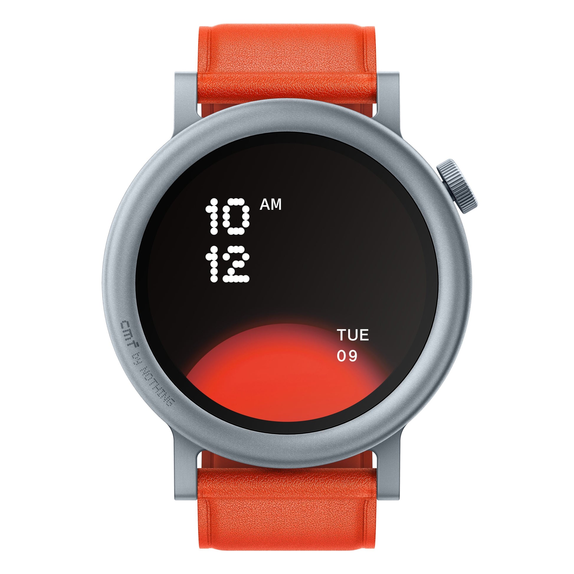 Nothing Cmf Watch Pro 2 Orange med rund sølvfarvet urskive, orange læderrem, AMOLED-display viser 10:12 tirsdag den 9.