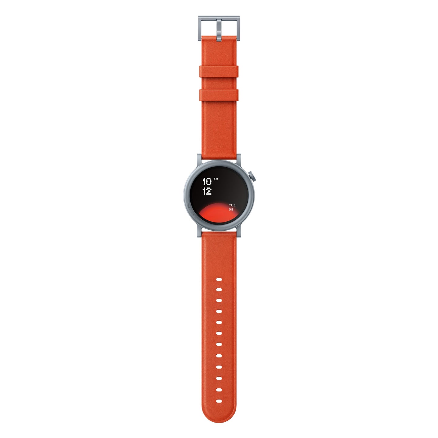 Nothing CMF Watch Pro 2 Orange, sølvfarvet rund urkasse, orange læderrem, AMOLED-skærm viser 10:12 tirsdag d. 9., IP68.