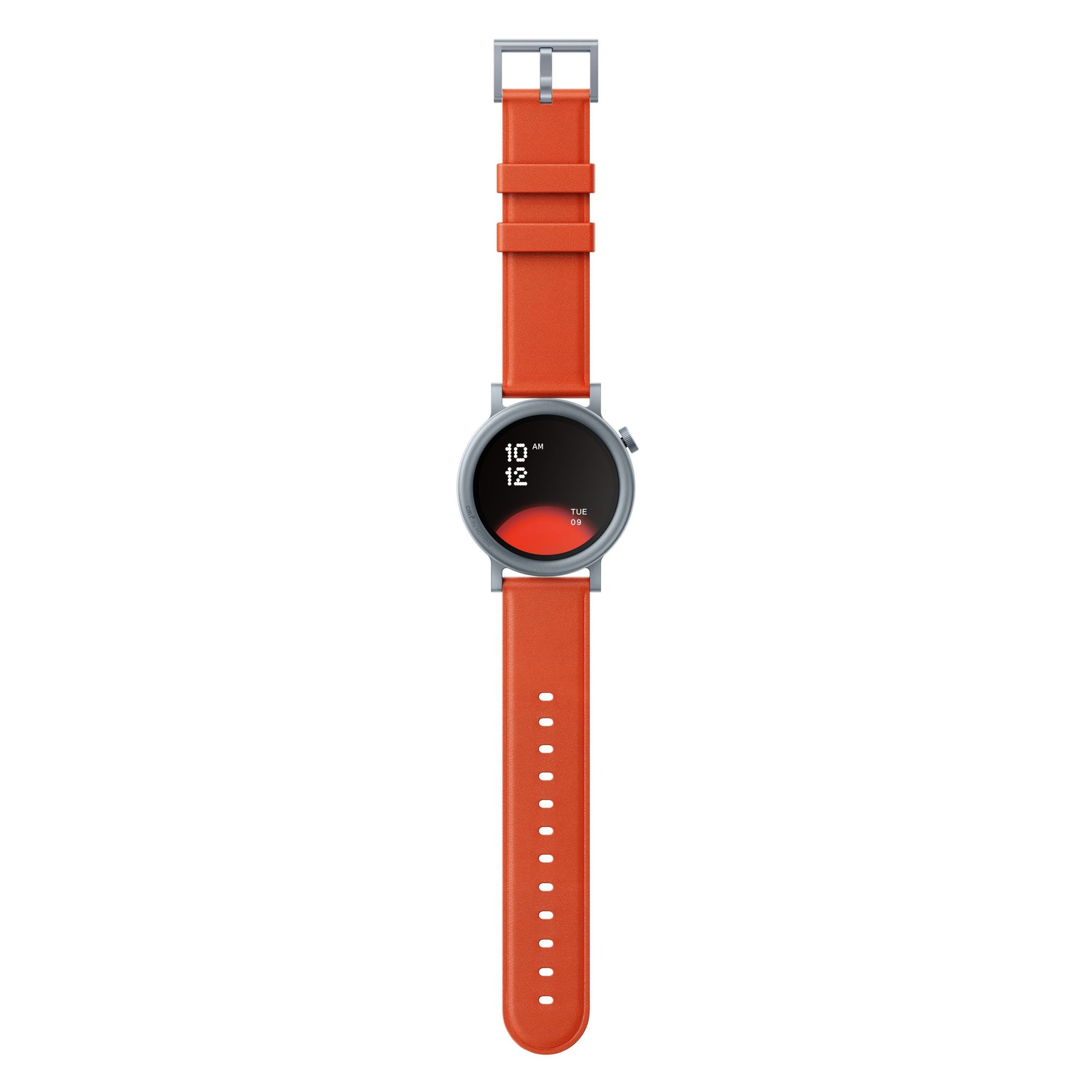 Nothing CMF Watch Pro 2 Orange, sølvfarvet rund urkasse, orange læderrem, AMOLED-skærm viser 10:12 tirsdag d. 9., IP68.