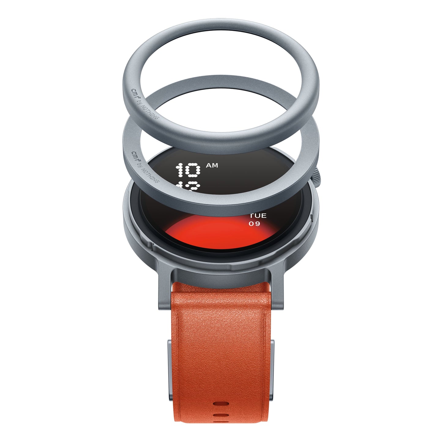 Intet CMF Watch Pro 2 Orange i eksploderet visning med runde komponenter og AMOLED-skærm, der viser tid og dato.