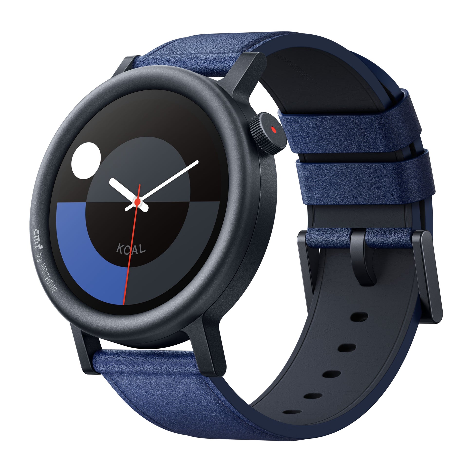 Nothing Cmf Watch Pro 2 blå med rund mørk urkasse, abstrakt sort/blå/grå urskive, hvide/røde visere, AMOLED og blå rem.
