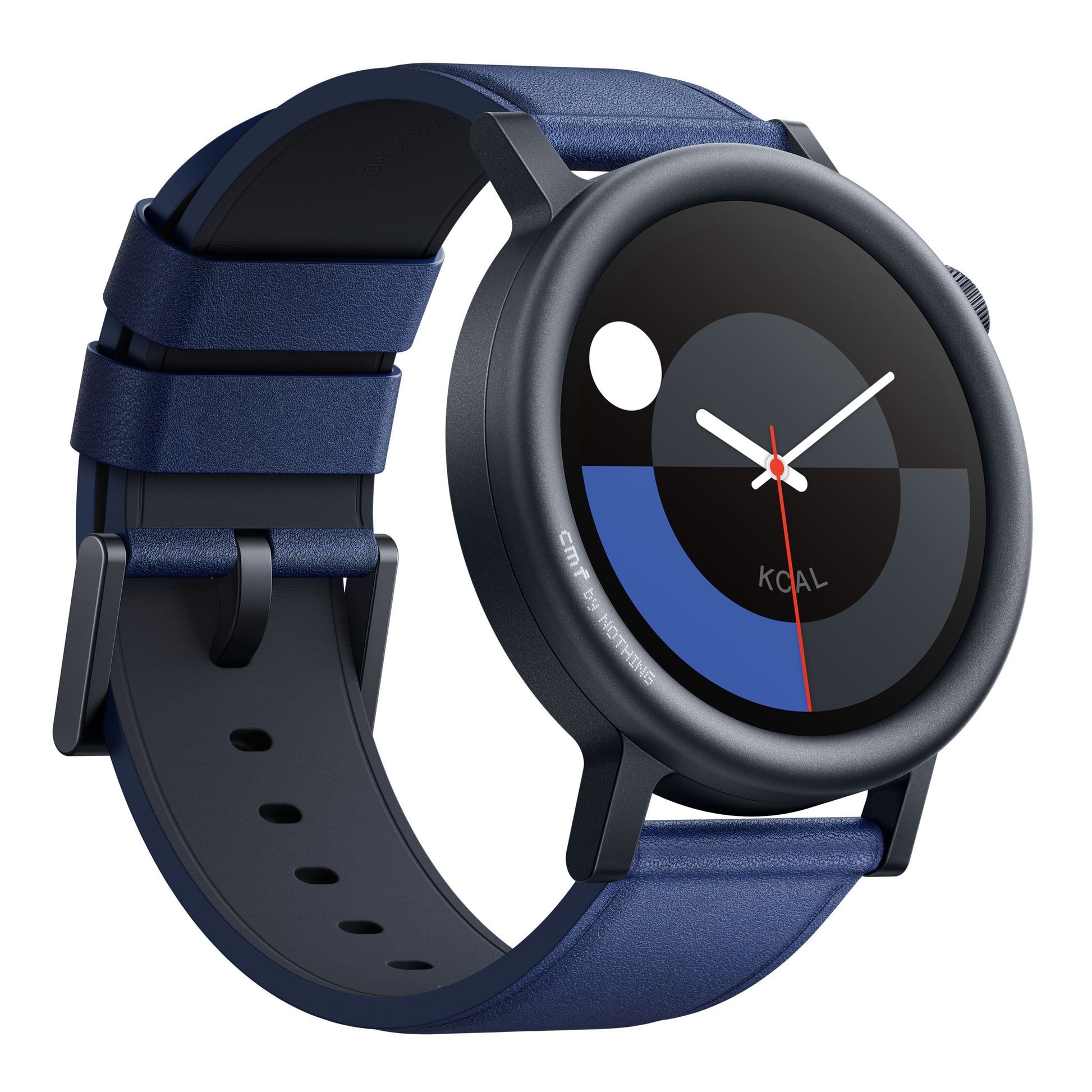 Intet Cmf Watch Pro 2 blå med tekstureret læderrem, AMOLED-skærm og digitalt interface med KCAL, ur og sundhedsdata.