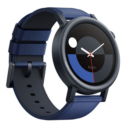 Intet Cmf Watch Pro 2 blå med tekstureret læderrem, AMOLED-skærm og digitalt interface med KCAL, ur og sundhedsdata.
