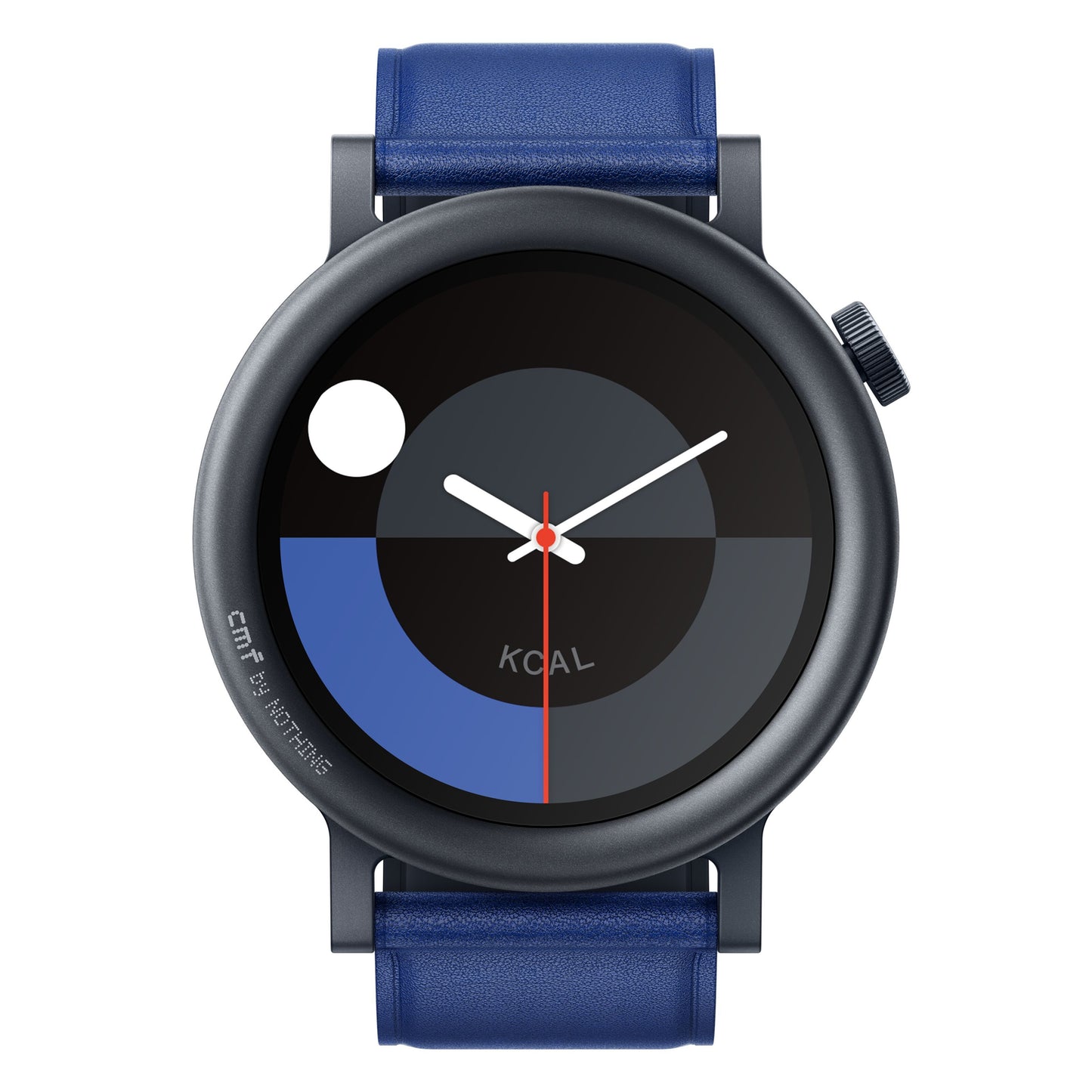 Nothing Cmf Watch Pro 2 blå, rund sort AMOLED-skærm, abstrakt urskive i sort/grå/blå, hvide visere, røde sekundviser, blå rem.