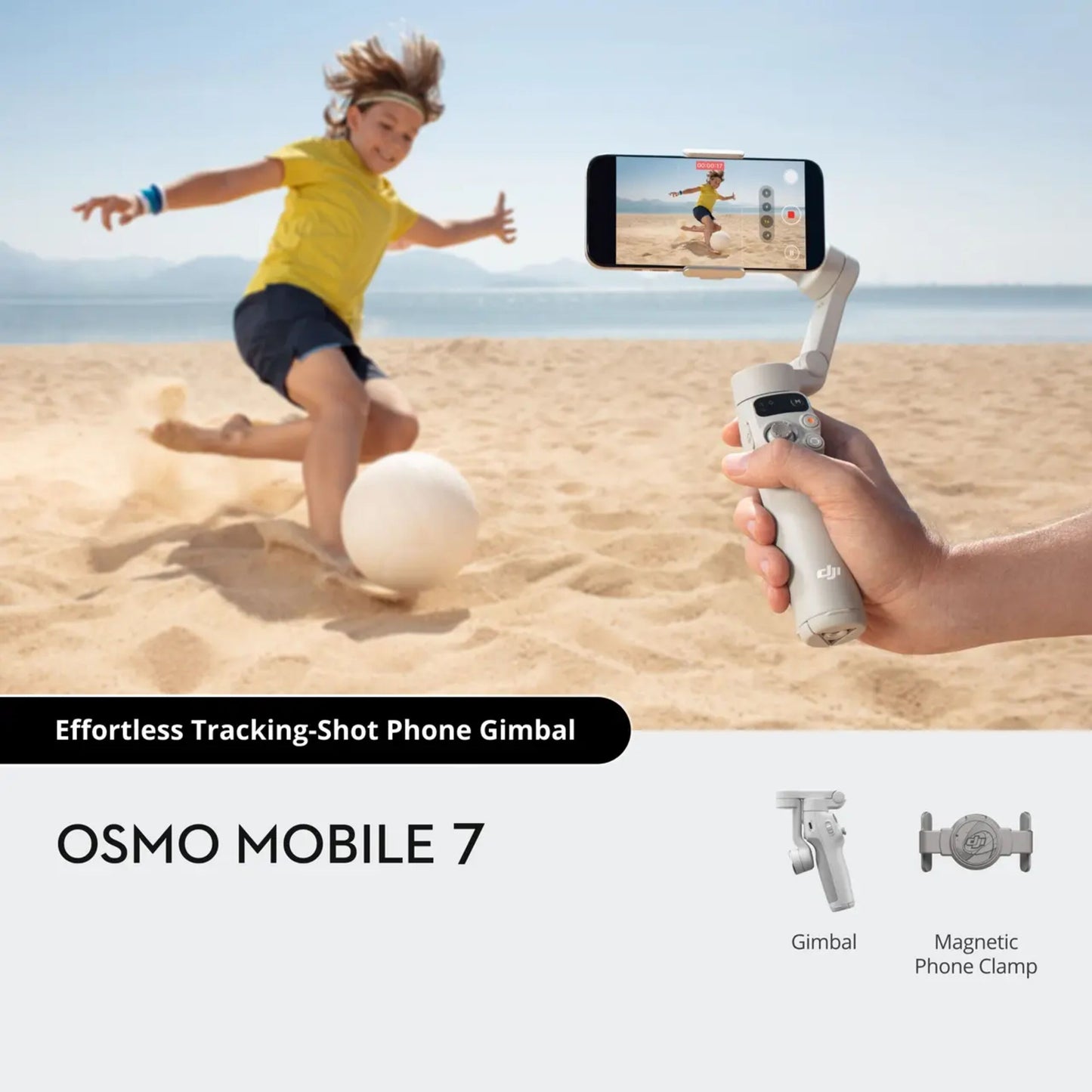 DJI Osmo Mobile 7 Gimbal med magnetisk telefonholder i brug, sort model, håndholdt ved strand.