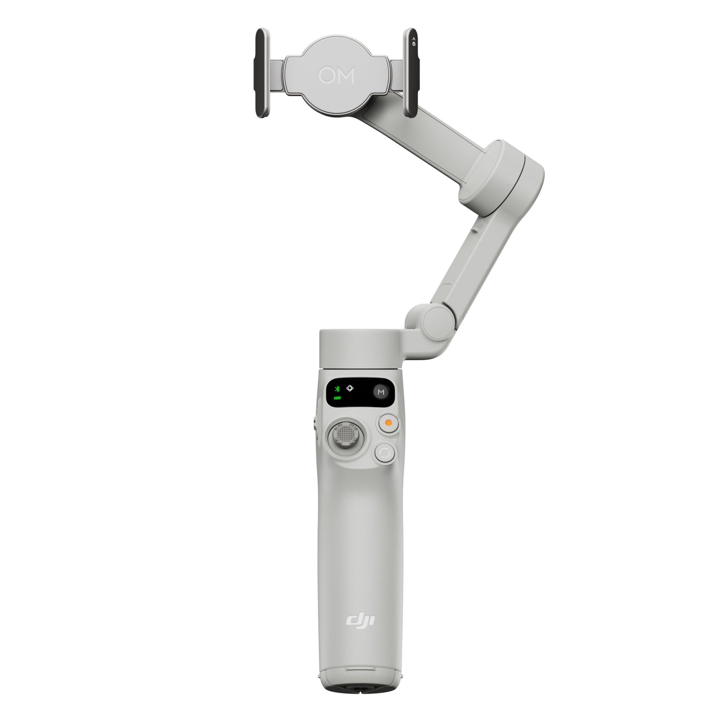 DJI Osmo Mobile 7 Gimbal grå med justerbar telefonholder, frontknapper, joystick og delvist udstrakt arm.