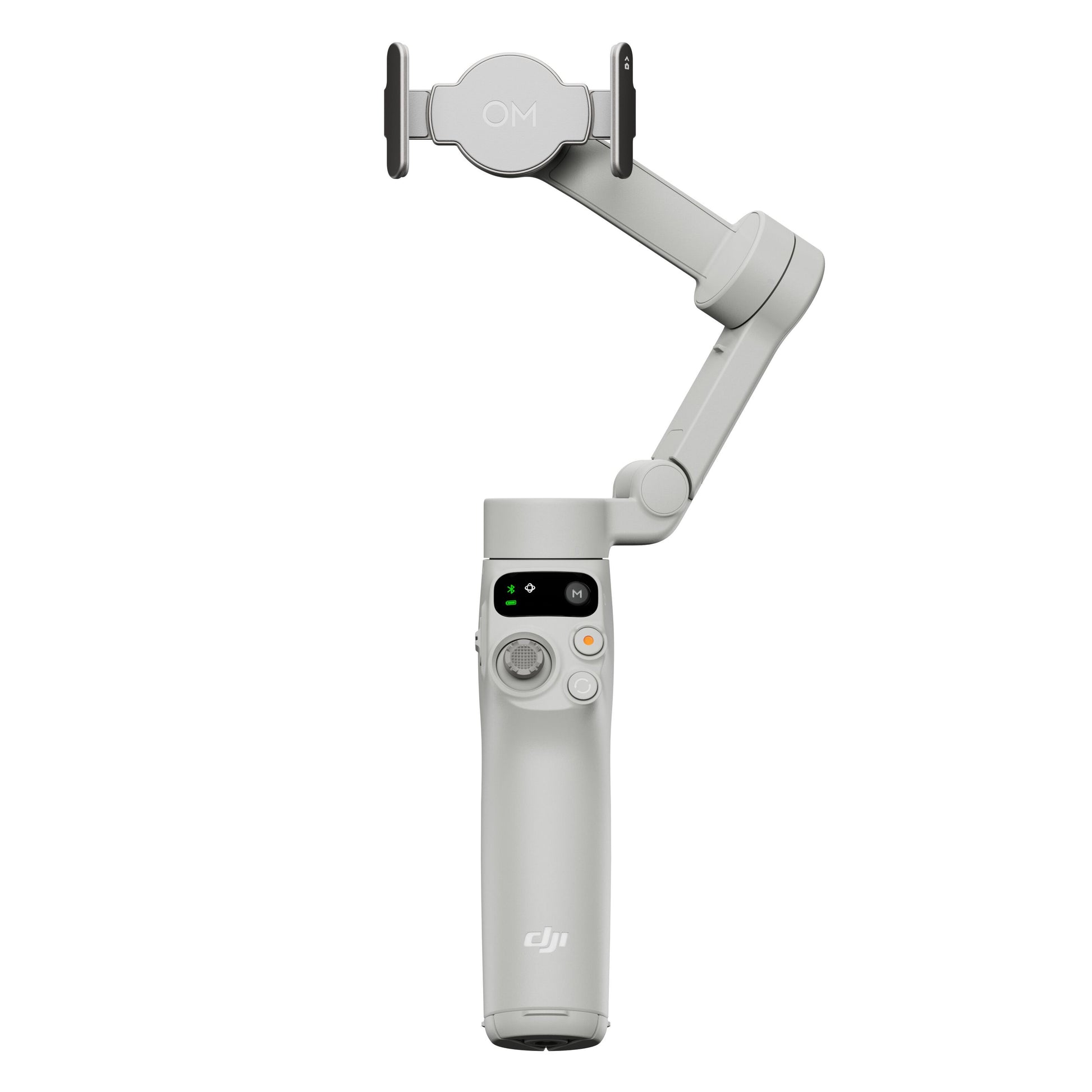 DJI Osmo Mobile 7 Gimbal grå med justerbar telefonholder, frontknapper, joystick og delvist udstrakt arm.