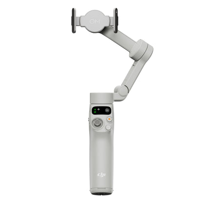 DJI Osmo Mobile 7 Gimbal grå med justerbar telefonholder, frontknapper, joystick og delvist udstrakt arm.