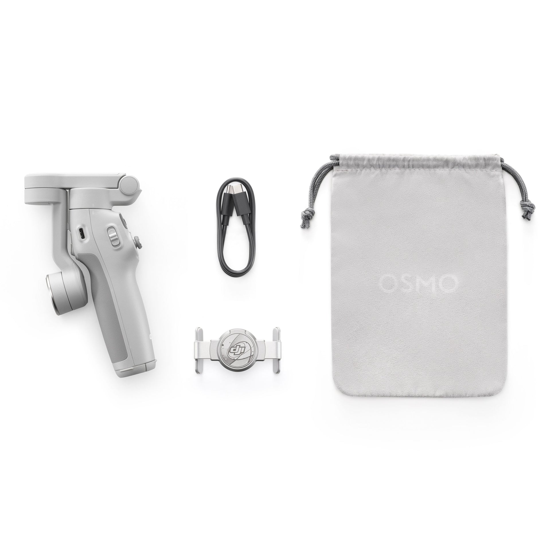DJI Osmo Mobile 7 Gimbal grå med USB-kabel, smartphoneholder og lysgrå OSMO pose.