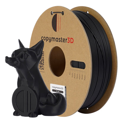 Copymaster3D PLA-filament 1,75 mm sort rulle ved siden af sort 3D-printet ræv med mønt.