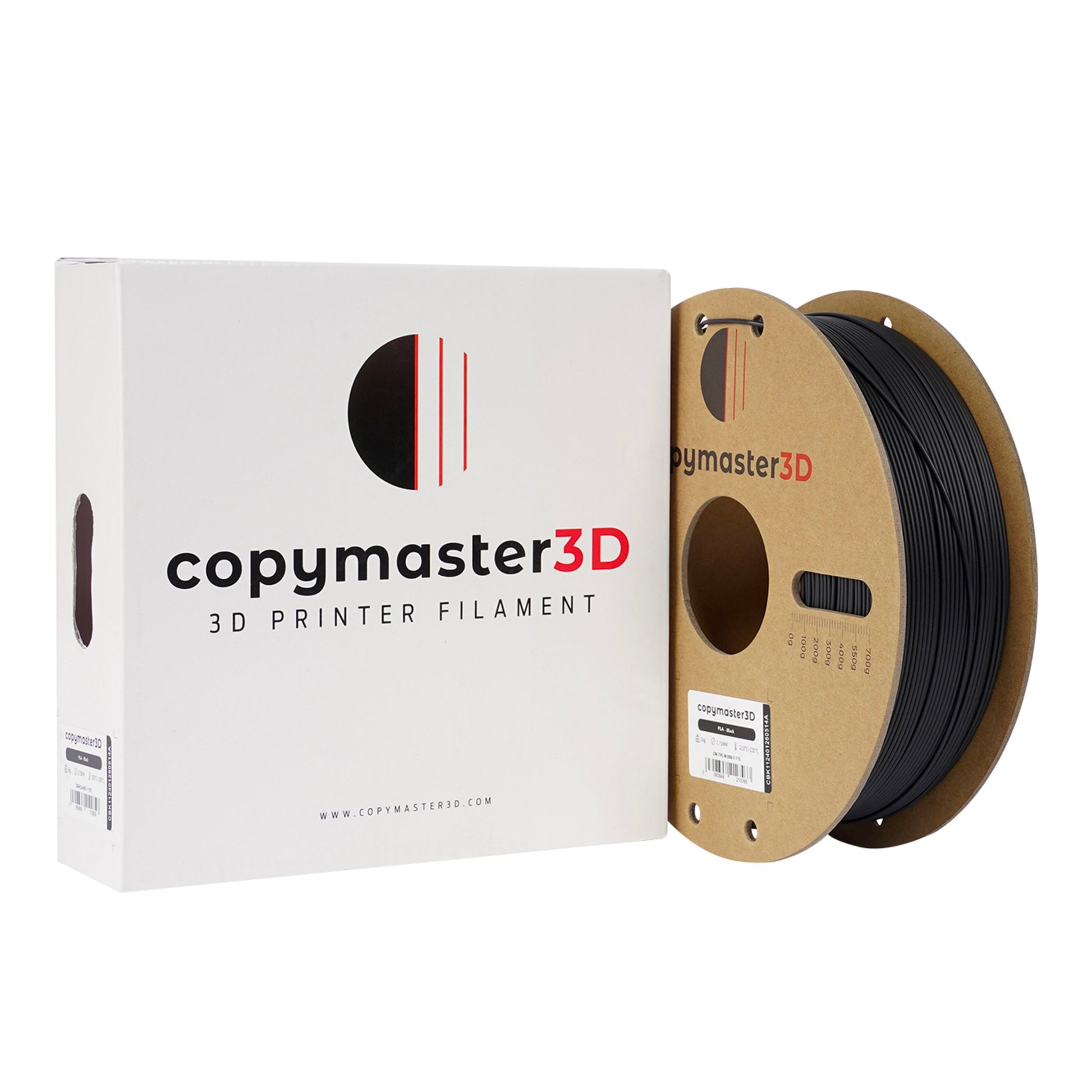 Copymaster3D PLA-filament 1,75 mm sort til 3D-printer, æske og spole med produktlogo og info synligt på emballagen.