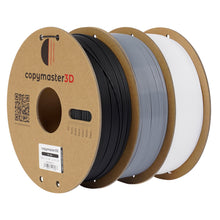 Copymaster3D PLA-filament 1,75 mm hvid på spole med label, QR-kode og detaljer på brun papkarton.