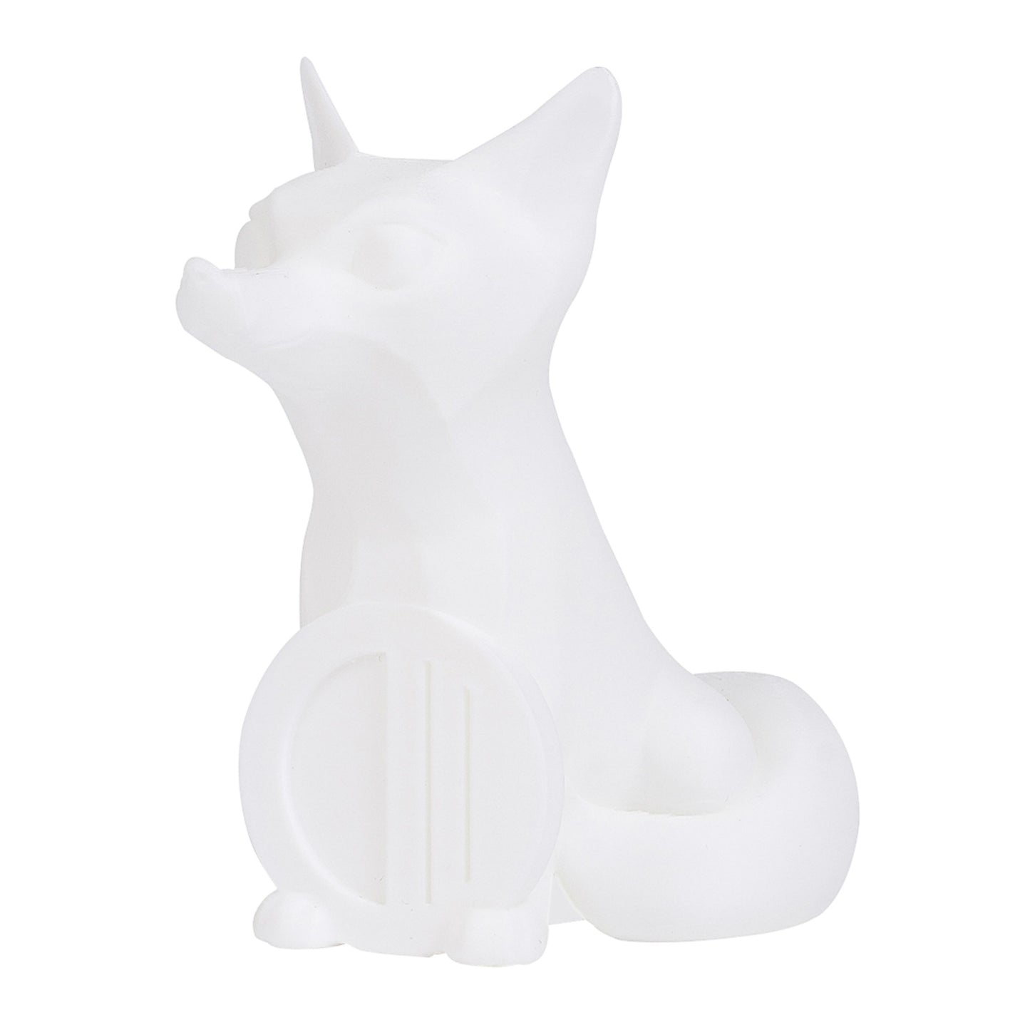 3D-printet hvid rævefigur med store ører og hale i PLA-filament 1,75 mm, sidder oprejst med rundt objekt i hænderne.