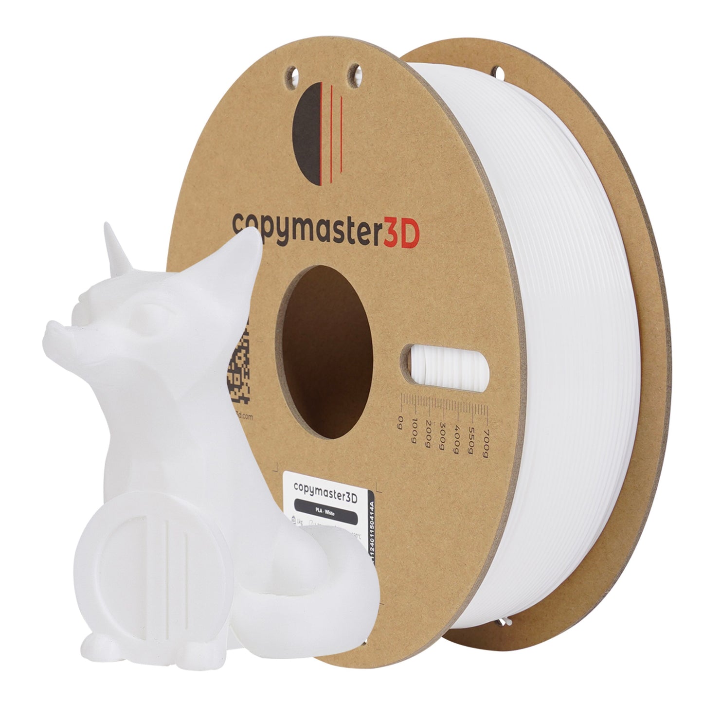 Primacreator Copymaster3D PLA-filament 1,75 mm Hvid rulle ved siden af lille hvid 3D-printet rævefigur.
