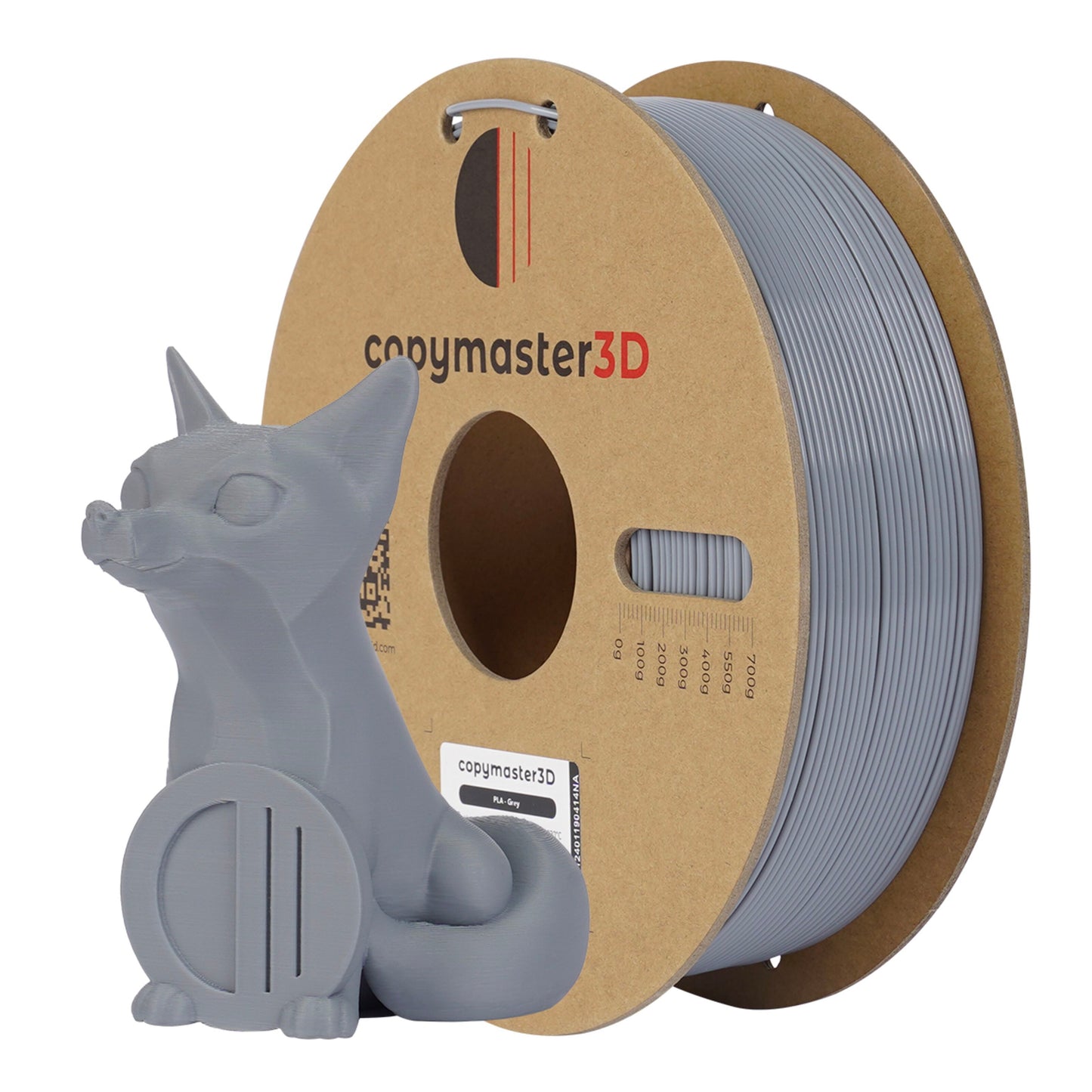 Copymaster3D PLA-filament 1,75 mm grå rulle ved siden af 3D-printet grå siddende ræv i samme materiale.