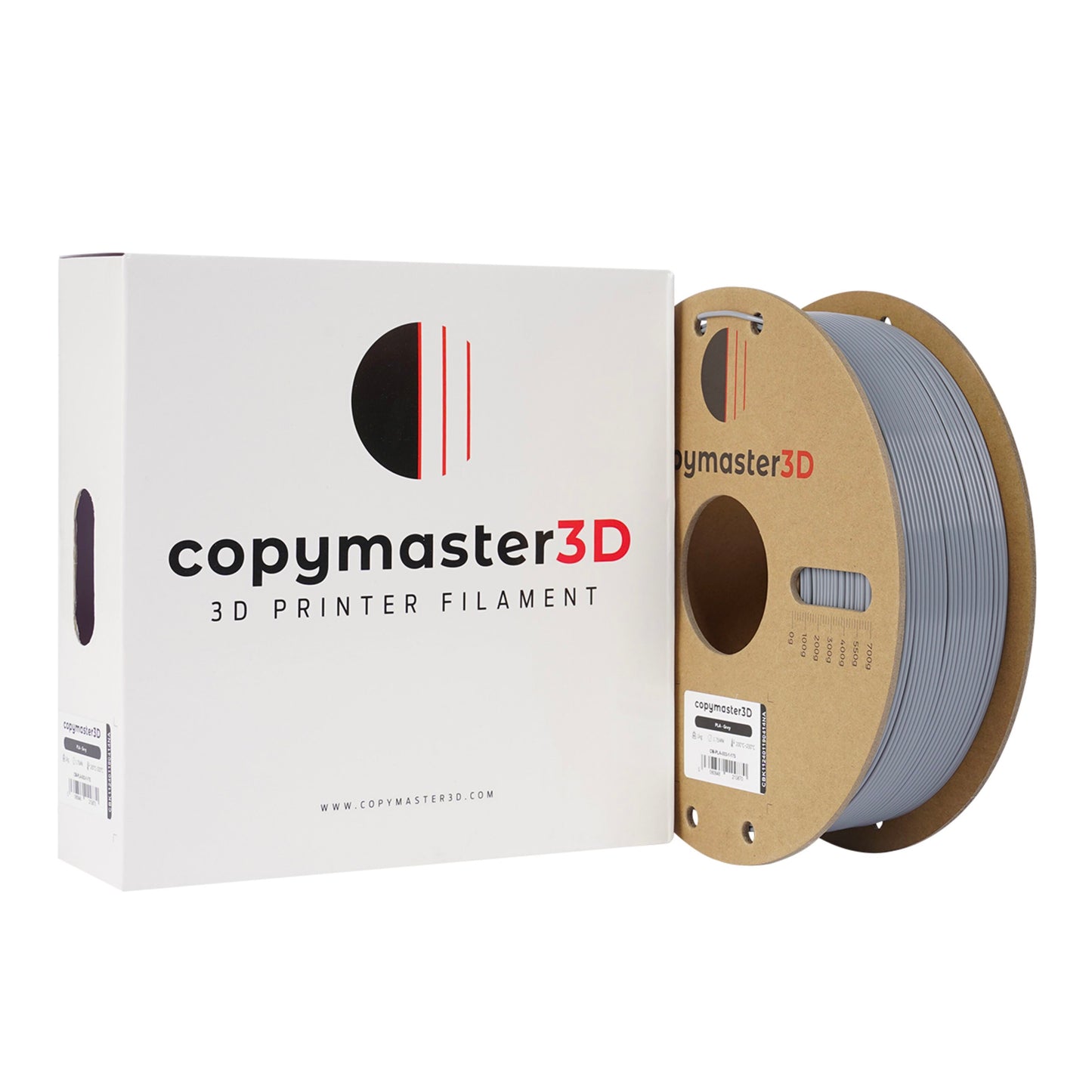 Copymaster3D PLA-filament 1,75 mm grå på spole ved hvid æske med sort og rødt logo, delvist ude af emballagen.