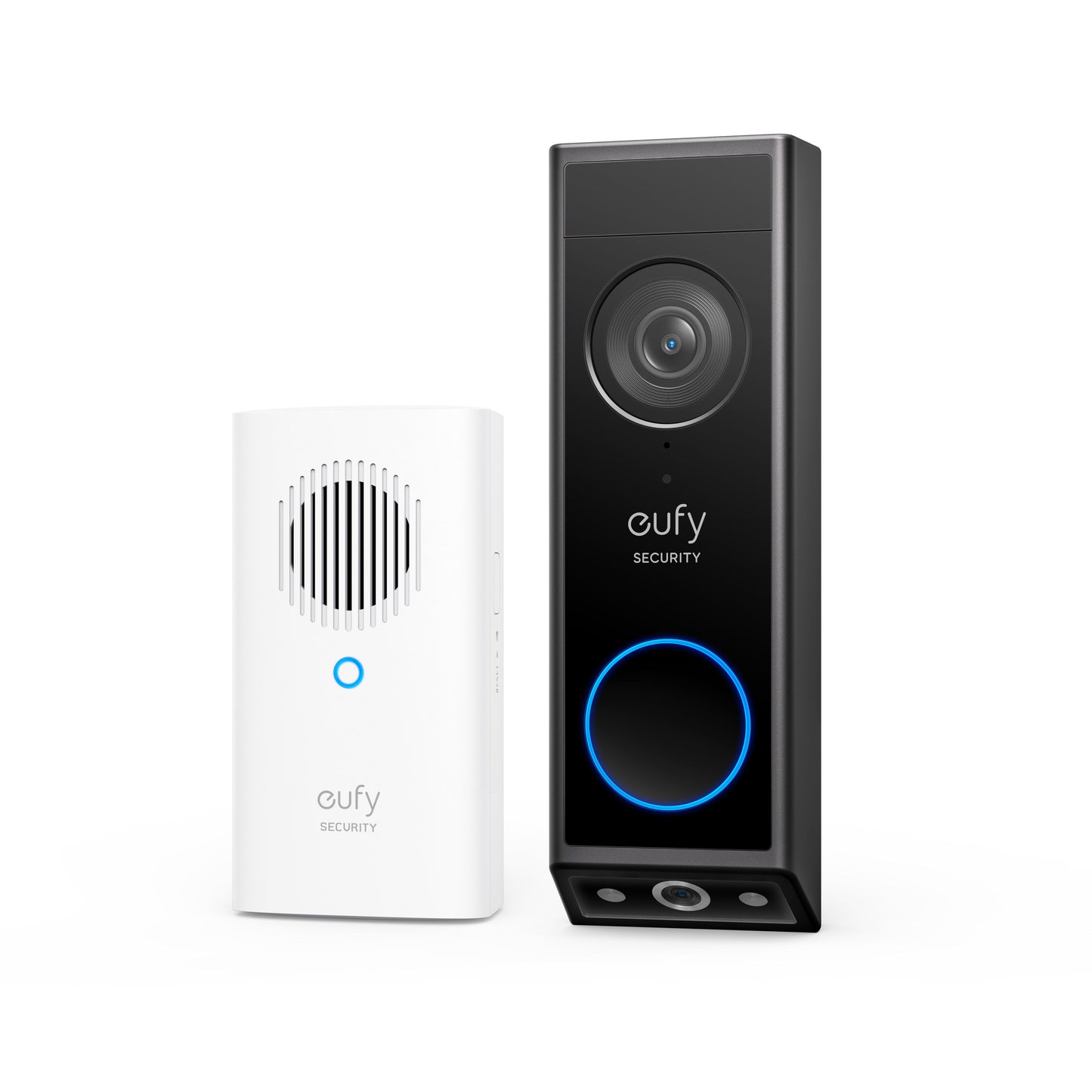 Eufy E340 dørklokkesæt sort med bredvinklet dobbeltkamera, blå ringeknap og hvid trådløs klokkeenhed med indikatorlys.